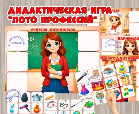 Дидактическая игра -лото "Что нужно для этих профессий" (Дидактическая игра, игра, лото, игра на прищепках, игра с фонариком)