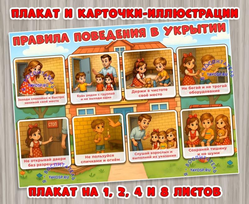 Плакат и карточки-иллюстрации "Правила поведения в укрытии" ()