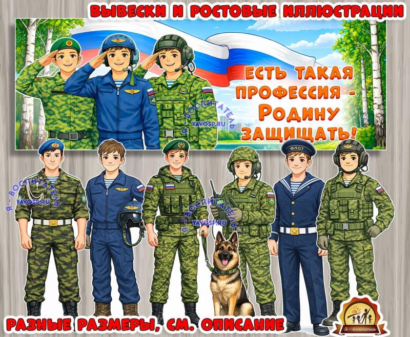 Вывески и ростовые иллюстрации "Есть такая профессия - Родину защищать" и "Спасибо, защитники!"  (иллюстрации)