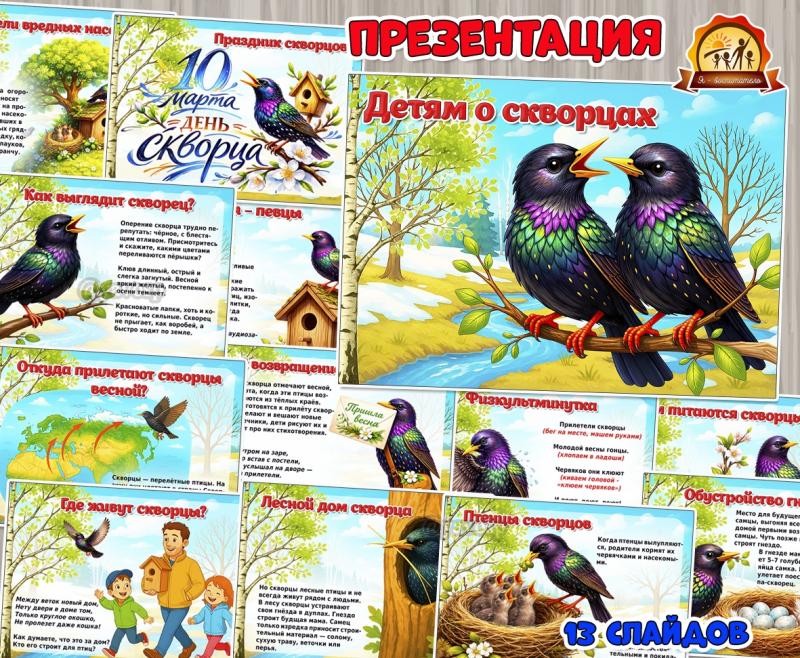 Презентация «Детям о скворцах» к 10 марта – Дню скворца (8 марта, презентация)