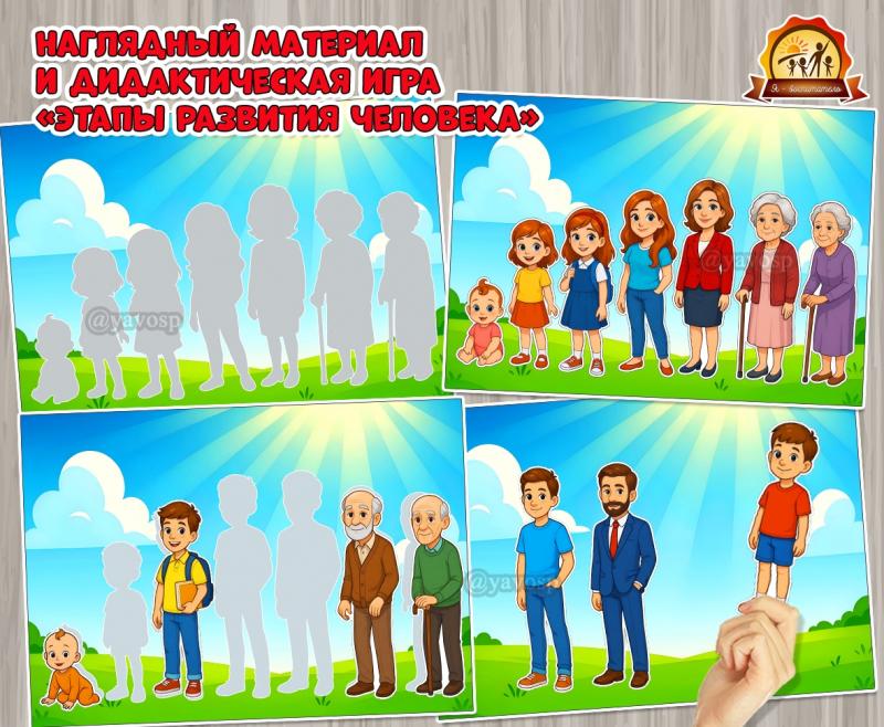 Наглядный материал и дидактическая игра на липучках «Этапы развития человека от младенчества до старости»  (Дидактическая игра, наглядный материал, игра, игра на прищепках, игра с фонариком)