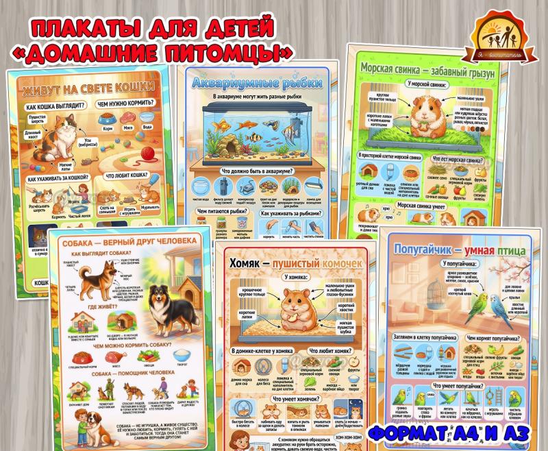Информационные плакаты с иллюстрациями для детей «Домашние питомцы» (плакаты, день защиты детей, домашние животные, питание детей, права детей)
