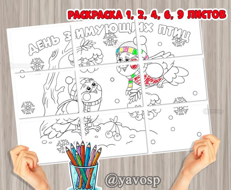 Гигантская раскраска ко Дню зимующих птиц, зима, коллективная работа, младшая, средняя, старшая, подготовительная группа