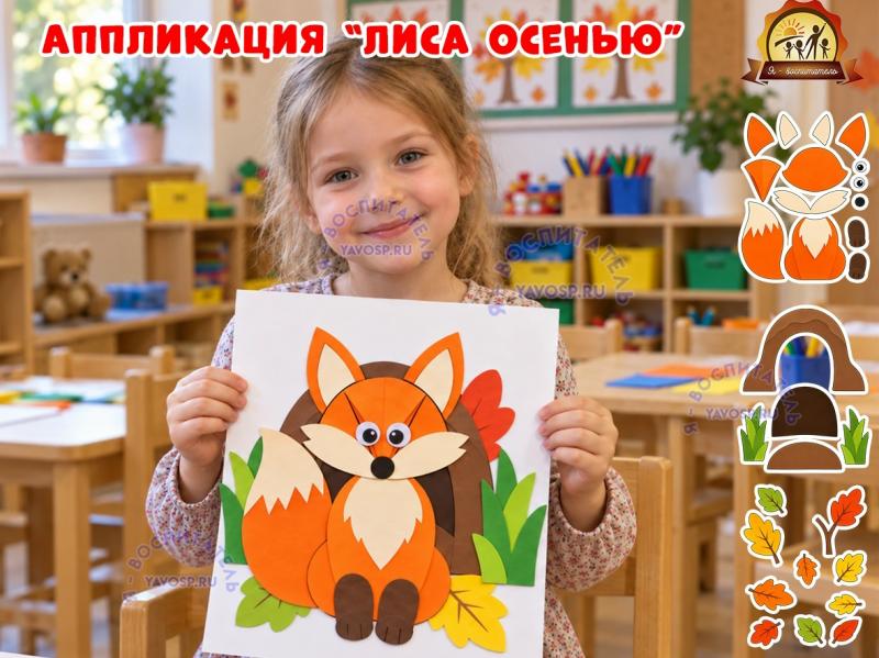 Аппликация "Лиса осенью" (аппликация, лиса)