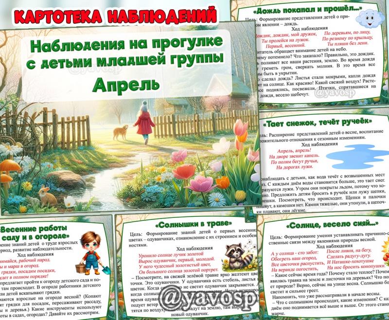 Картотека наблюдений на прогулке в апреле, младшая группа, детский сад