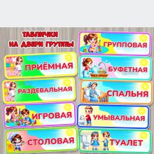 Таблички на двери группы с названиями помещений.  ()
