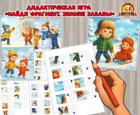 Дидактическая игра «Найди фрагмент. Зимние забавы» (Дидактическая игра, зимние забавы, игра, летние забавы, найди пару)