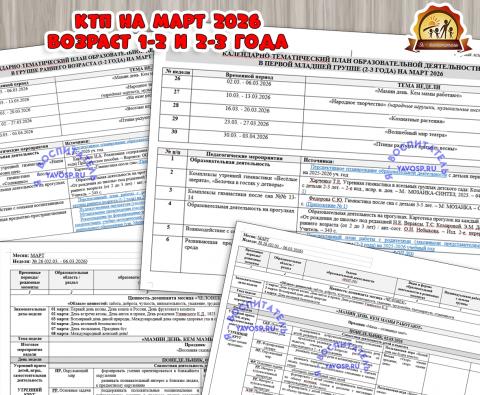 КАЛЕНДАРНО-ТЕМАТИЧЕСКИЙ ПЛАН ОБРАЗОВАТЕЛЬНОЙ ДЕЯТЕЛЬНОСТИ В ГРУППЕ РАННЕГО ВОЗРАСТА (1-2 года) И ПРЕВОЙ МЛАДШЕЙ ГРУППЕ (2-3 ГОДА) НА МАРТ 2026  (календарно-тематический план, тематический комплект)