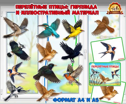 Весенняя двусторонняя гирлянда и иллюстративный материал «Перелетные птицы»  (гирлянда, наглядный материал, перелетные птицы)