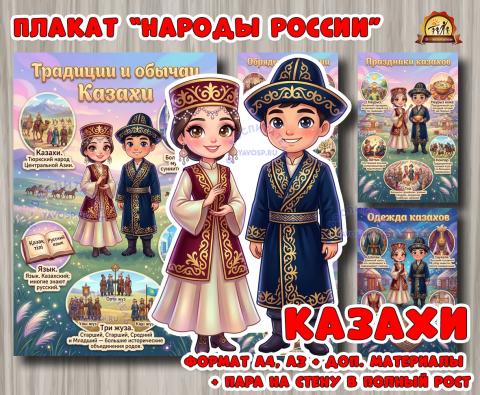 Плакаты из цикла «Народы России» - «Казахи»  (год единства народов России, День России, плакаты, День конституции России, регионы России)