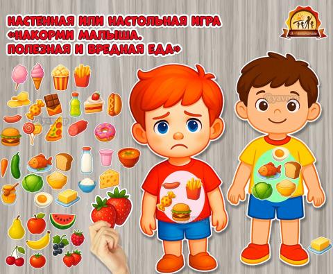 Настенная или настольная игра «Накорми малыша. Полезная и вредная еда»  (игра, полезная, Дидактическая игра, игра на прищепках, игра с фонариком)