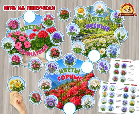 Игра на липучках «Цветы лесные, горные и комнатные» Игра на липучках «Цветы лесные, горные и комнатные» (цветы, игра, Дидактическая игра, игра на прищепках, игра с фонариком)
