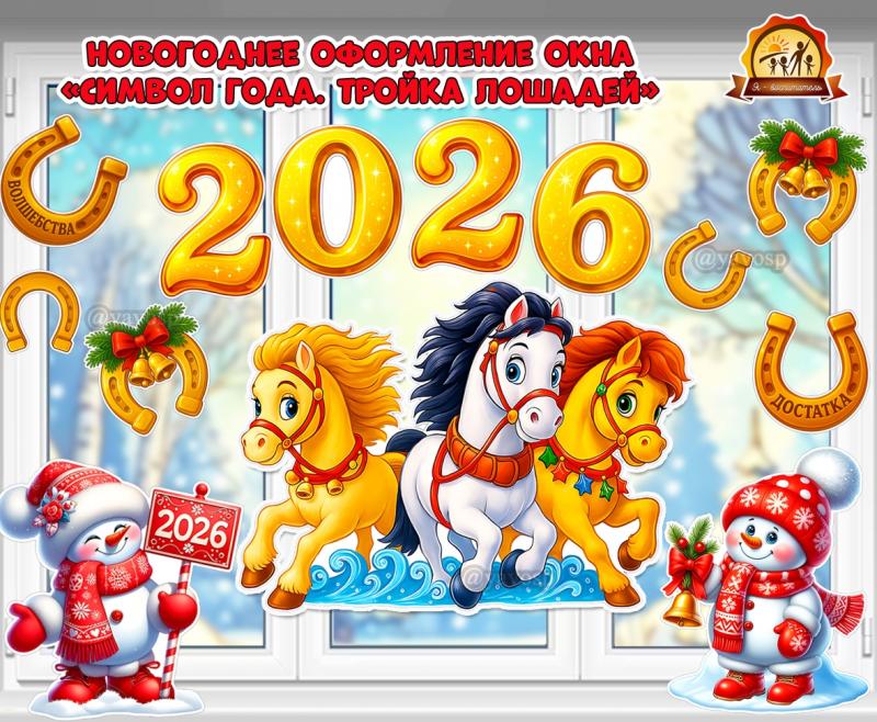 Новогоднее оформление окон «Тройка лошадей. Снеговики. Подковы. Цифры 2026»  (оформление, цифры, оформление группы, оформление окна)