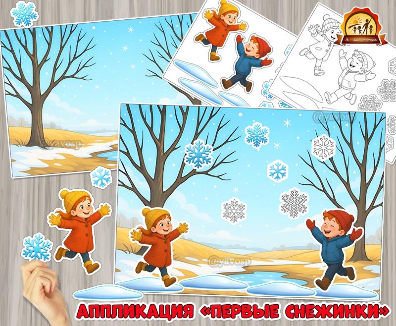 Аппликация «Первые снежинки» Аппликация «Первые снежинки» (аппликация, снежинки)