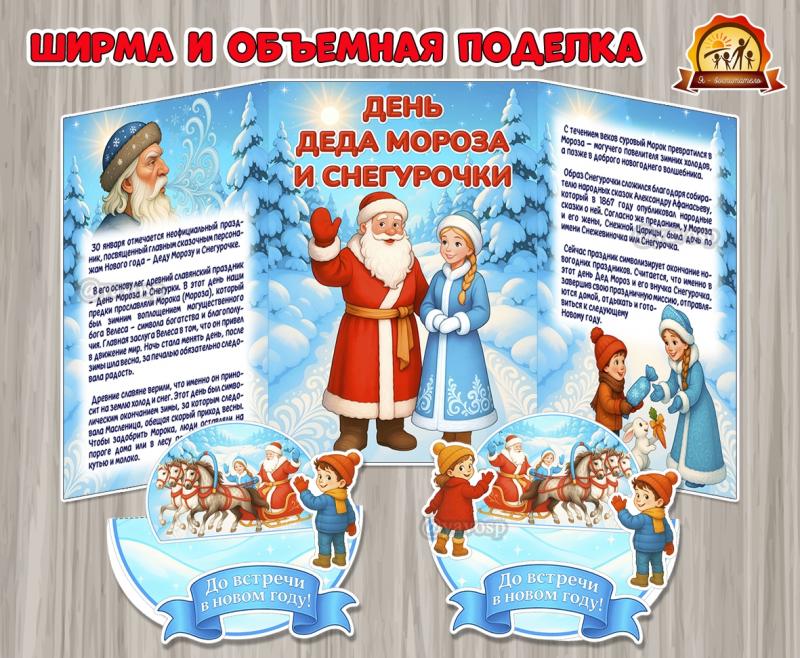 Информационная ширма и объемная поделка на День Деда Мороза и Снегурочки (ширма, поделка, день смеха, день подснежника, День полиции)