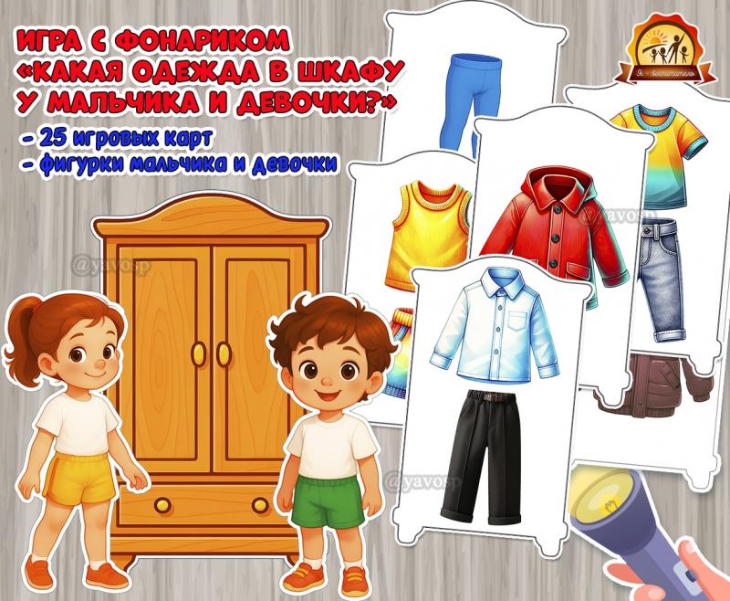 Игра с фонариком «Какая одежда в шкафу у мальчика и девочки?» (игра с фонариком, игра, одежда, Дидактическая игра, пальчиковая игра)