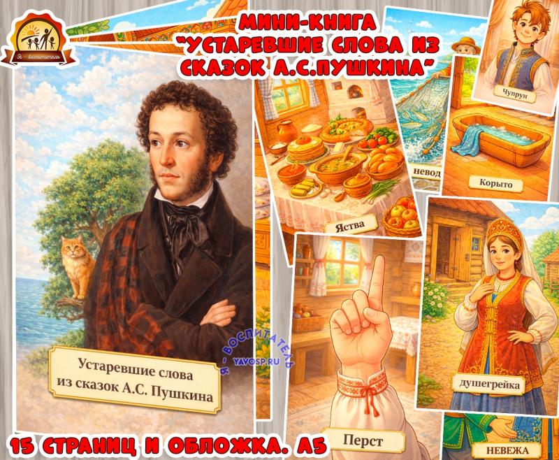 Мини-книга "Устаревшие слова из сказок А.С. Пушкина" (мини-книга, книга, интерактивная книга, красная книга)