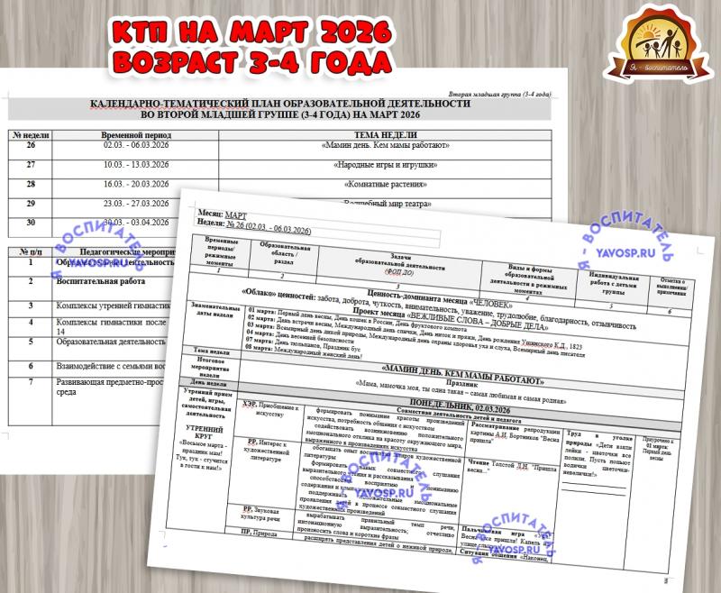 КАЛЕНДАРНО-ТЕМАТИЧЕСКИЙ ПЛАН ОБРАЗОВАТЕЛЬНОЙ ДЕЯТЕЛЬНОСТИ ВО ВТОРОЙ МЛАДШЕЙ ГРУППЕ (3-4 ГОДА) НА МАРТ 2026 КАЛЕНДАРНО-ТЕМАТИЧЕСКИЙ ПЛАН ОБРАЗОВАТЕЛЬНОЙ ДЕЯТЕЛЬНОСТИ ВО ВТОРОЙ МЛАДШЕЙ ГРУППЕ (3-4 ГОДА) НА МАРТ 2026 (календарно-тематический план, тематический комплект)