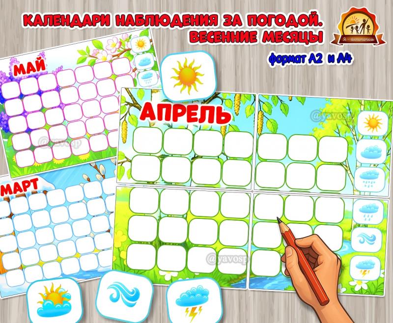 Универсальный календарь наблюдения за погодой на весенние месяцы.  (календарь, наблюдения, календарь погоды, адвент календарь, календарь ожидания)