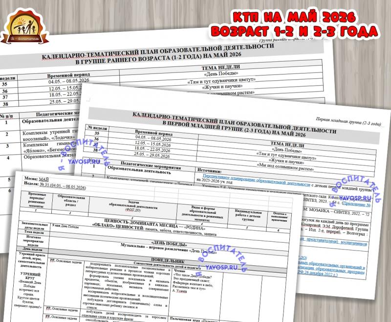 КАЛЕНДАРНО-ТЕМАТИЧЕСКИЙ ПЛАН ОБРАЗОВАТЕЛЬНОЙ ДЕЯТЕЛЬНОСТИ В ГРУППЕ РАННЕГОВОЗРАСТА (1-2 года) И ПЕРВОЙ МЛАДШЕЙ ГРУППЕ (2-3 ГОДА) НА МАЙ 2026  (календарно-тематический план, тематический комплект)