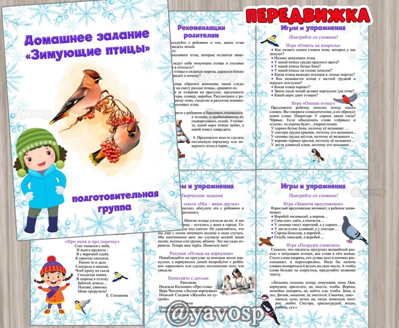 Зимующие птицы - рекомендации и домашнее задание, детский сад, лексическая тема, подготовительная группа