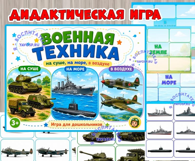 Дидактическая игра “Военная техника: на суше, на море, в воздухе”  (Дидактическая игра, игра, игра на прищепках, игра с фонариком, пальчиковая игра)