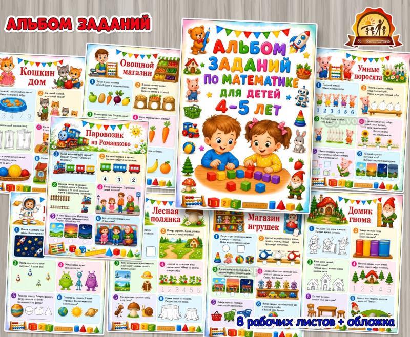 Альбом заданий по математике для детей 4-5 лет (альбом, день защиты детей, питание детей, права детей)
