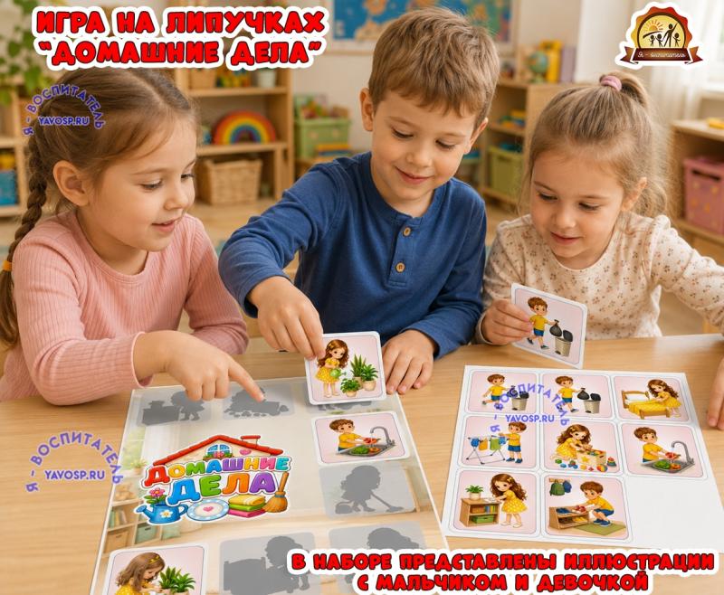 Игра на липучках "Домашние дела" Игра на липучках "Домашние дела" (игра, Дидактическая игра, домашние животные, игра на прищепках, игра с фонариком)