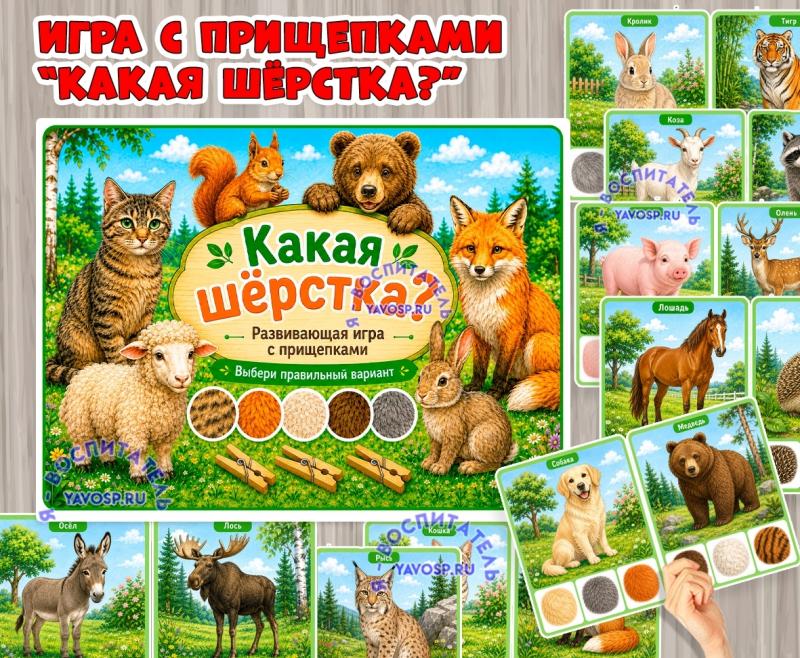 Игра с прищепками «Какая шёрстка?» Игра с прищепками «Какая шёрстка?» (игра на прищепках, игра, Дидактическая игра, игра с фонариком, пальчиковая игра)