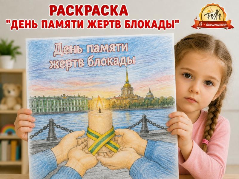 Раскраска «День памяти жертв блокады» Раскраска «День памяти жертв блокады» (раскраска, гигантская раскраска, День скорби и памяти, свеча памяти, стена памяти)