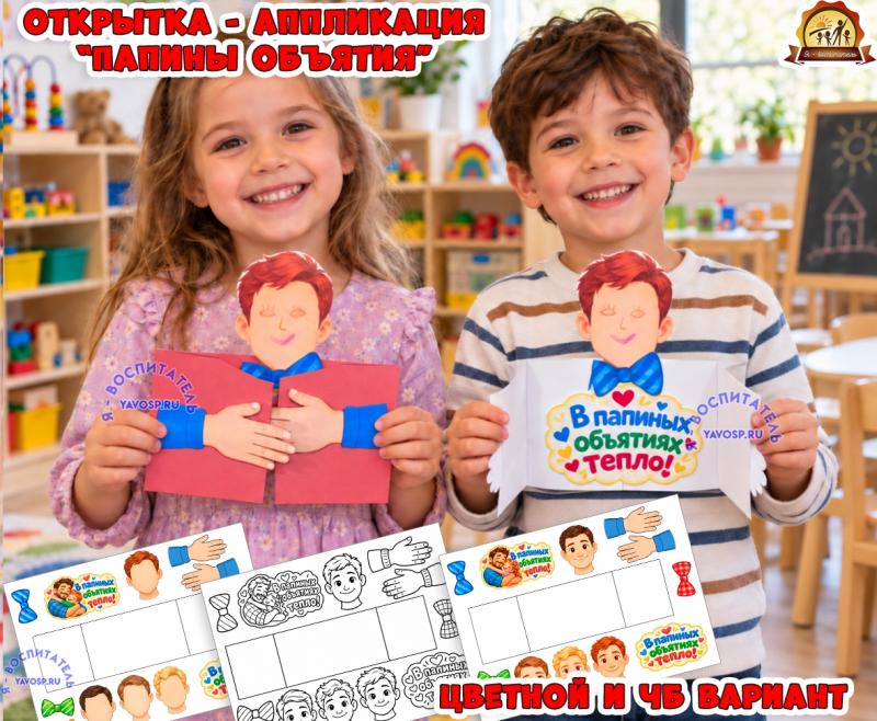 Открытка - аппликация ко Дню Отца "В папиных объятиях" Открытка - аппликация ко Дню Отца "В папиных объятиях" (аппликация, день отца, открытка)