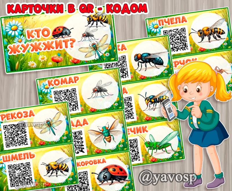 Кто жужжит? Кто жужжит, карточки с QR-кодом, насекомые, лето, детский сад