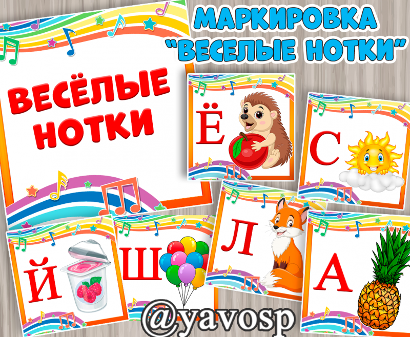 Картинки для шкафчиков Веселые нотки с буквами и числами (маркировка) (маркировка, нотки), детский сад